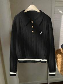 Franclia Contrast Trim Simple Long Sleeve Embroidered Horse Head Polo Collar Knit Sweater Preppy Tops - Black - View 6