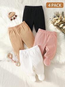 SHEIN 4pcs Newborn Bottoms Set, Soft Skin-Friendly Elastic Ribbed Knit Fabric, Cute Sweet Minimalist Versatile Easy To Put On And Take Off - Multicolor - View 3