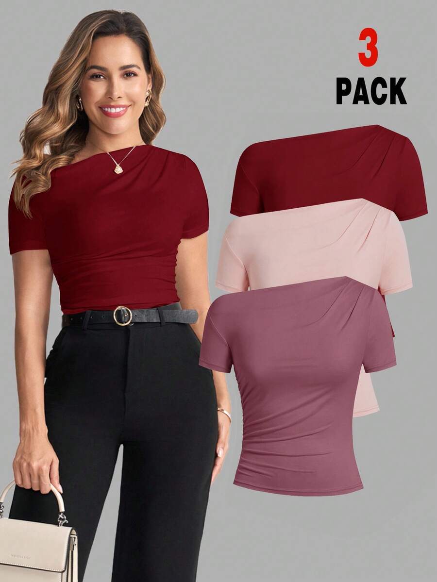 SHEIN Clasi 女款純色不對稱肩褶皺修身百搭休閒T恤 3件/套 - 彩色 - 查看 1
