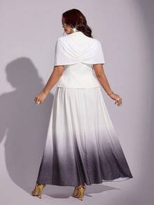 Viva Relle Plus Size Elegant V-Neck Cinched Waist Cape Top + Gradient Print Full Skirt Long Dress 2-Piece Set - Black and White - View 4