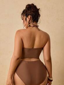 Travachic Plus Size Women Solid Color Criss-Cross Halter Hollow Out One-Piece Swimsuit With Side Tie High Cut Slimming Summer Beach Swimwear Suitable For Pool Party - Brown - View 3