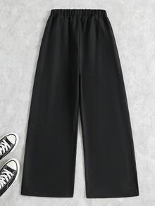 SHEIN 1件男士青少年保暖內裡加厚時尚簡約休閒運動風織帶設計拼接寬腿直筒梭織長褲，舒適面料，秋季新款，適合運動穿搭與多季節穿著 - 黑色 - 查看 2