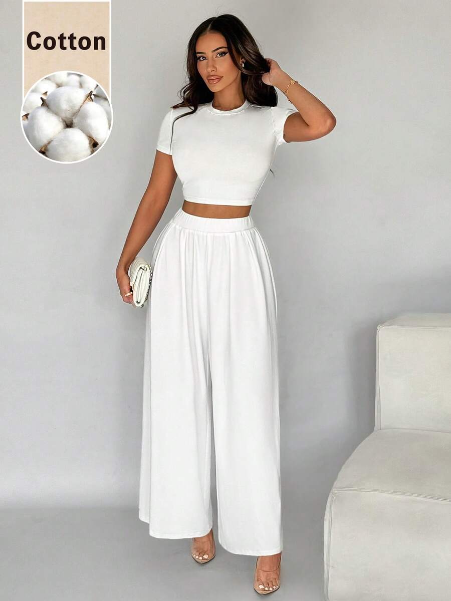 SHEIN SXY Women's Solid Color Versatile Round Neck Cropped T-Shirt And Pleated Loose Long Pants 2-Piece Set - White - View 1
