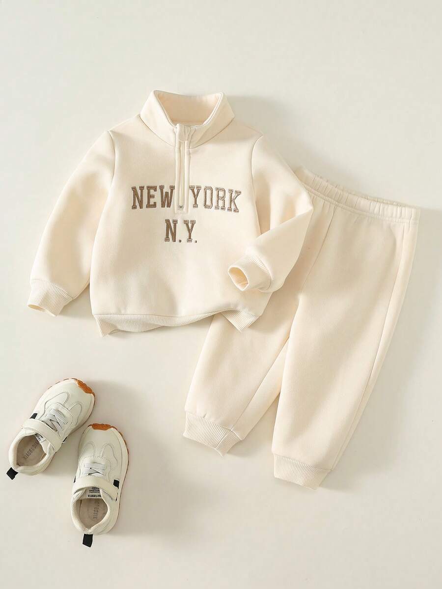 SHEIN 男女嬰兒/幼兒秋冬抓絨加厚休閒可愛杏色立領運動衫套裝,嬰兒運動服,嬰兒冬季衣物,套裝 - 杏色 - 查看 1