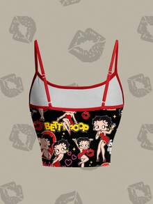 Betty Boop x SHEIN Women's Casual Fashionable Street Cartoon Figure & Letter Graphic Contrast Binding Fitted Cropped Cami Top, Summer - White - View 2