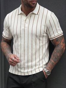 Manfinity CasualCool 男士拼色 Polo 衫，幾何提花休閒上衣 - 彩色 - 查看 7