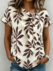 SHEIN Summer Tops, June Festival, Beach Vacation Wear, Casual Tropical Breezy Elegant Women's Social Tops, Country Style, Leaf Print, Beige Tie-Up Shirt - Apricot - View 4