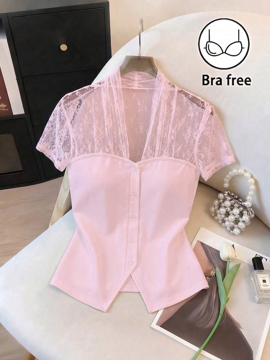 SHEIN Franclia V-Neck Contrast Lace Elegant Button Women's Top - Pink - View 1
