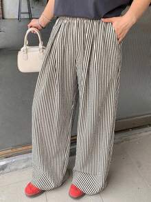 Dazy Plus Pantalones de pierna ancha sueltos con cintura elástica y bolsillos, talla grande, versátiles para primavera y verano - Blanco y Negro - Ver 3