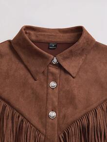 LUMIGAL Women's Suede Tassel Fitted Long Sleeve Blouse - Coffee Brown - View 3