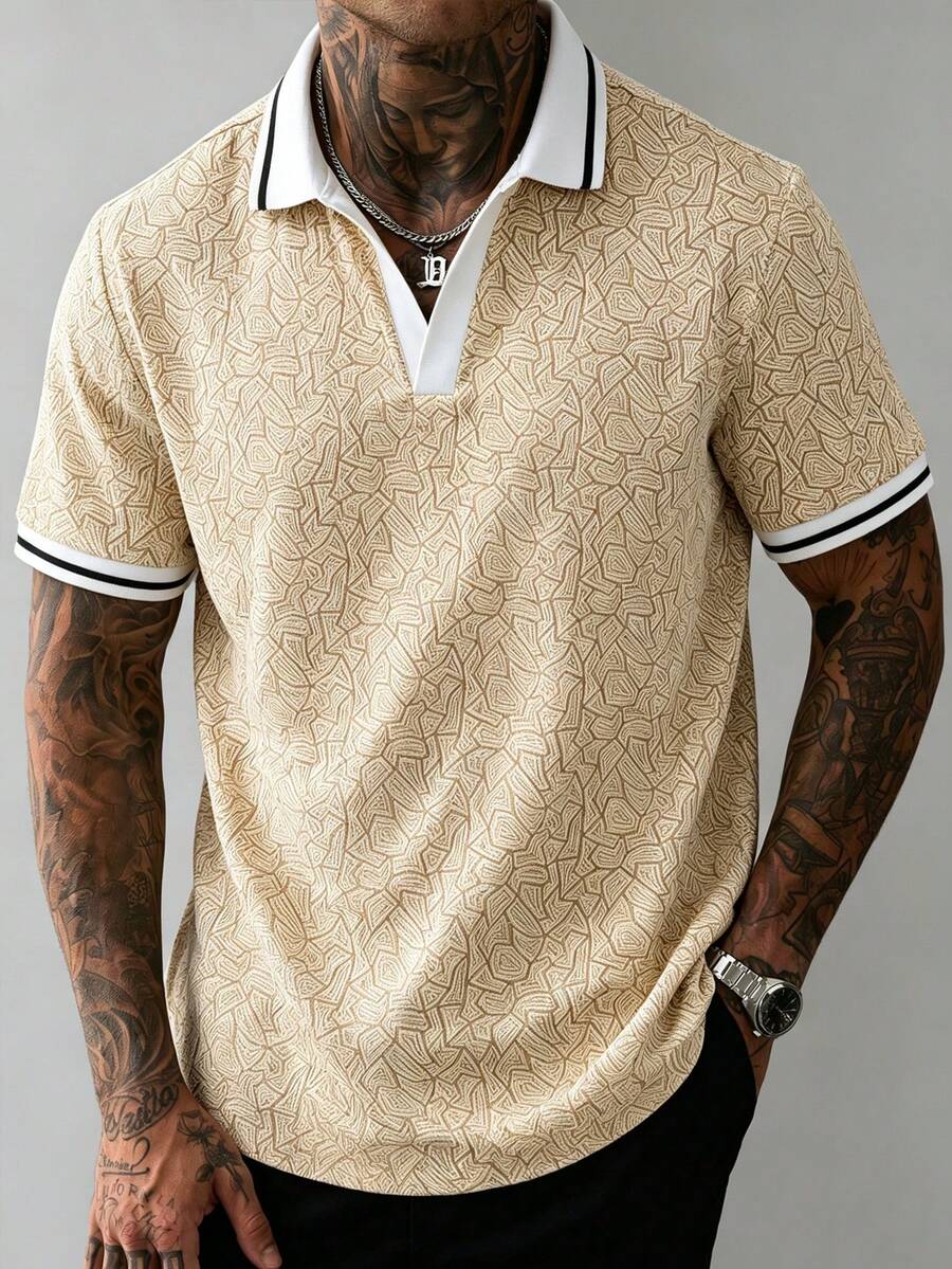 Manfinity Homme Men's Blue Geometric Textured V-Neck Contrast Trim Polo Shirt - Khaki - View 1