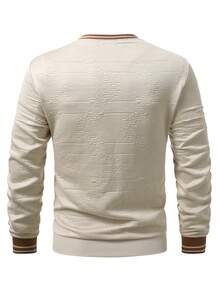 EGENSIO Men's Knitted Jacquard Solid Color Textured Collar & Cuff Flat Knit Ribbed Hem Pullover Sweatshirt - Apricot - View 2