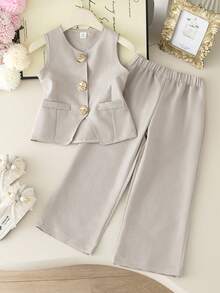 Souflis Young Girls Set, Boho, Trousers, Autumn, Fall, Fall Clothes, Fall Tops, Back To School, Babydoll Tops, Brown Top - Khaki - View 1