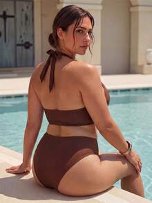 Swim Chiccia 大尺碼女款兩件式純色休閒泳衣套裝 - 咖啡棕 - 查看 2