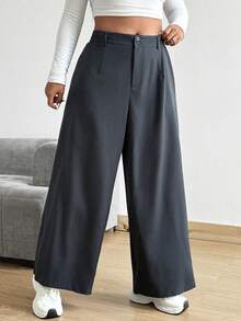 Vionelle Plus Size Loose Straight Wide Leg Pants With Pockets, Solid Color Fall Cloth For Women - Dark Grey - View 4