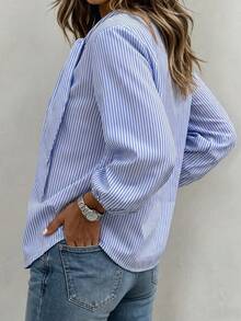 Linhara CURVE Plus-Size Women's Fall Striped Pattern Round-Neck Tie-Dye Loose-Fitting Long-Sleeved Top. Suitable For Commuting, Daily Casual Wear, Daily Outings - Blue and White - View 2