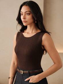 Anewsta Essential Solid Color Elastic Ribbed Knit Tank Top, Minimalist Boat Neck, Slimming Fit, Sleeveless Outerwear/Base Layer Top - Coffee Brown - View 6