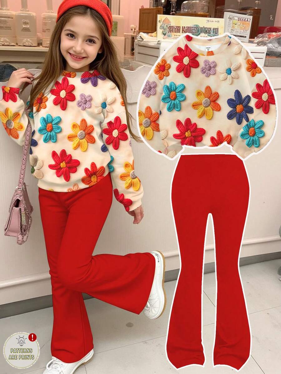 Tween Mädchen Lässiges minimalistisches süßes Sweatshirt mit strukturiertem Blumenmuster, süßer cremiger Stil, lockerer Rundhalsausschnitt, bequemer Langarm, geeignet für Herbst/Winter, Grafik, gemütlich, Y2K, Vintage, neues Sweatshirt - Verschiedenfarbig - Übersicht 1