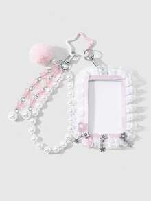 ROMWE Anime 1 Korean Temperament Sweet Pink And White Acrylic Butterfly Faux Pearl Lace Bow Rhinestone Gradient Star DIY Keychain Bag Pendant, Holiday Gift - Pink-21 - View 11