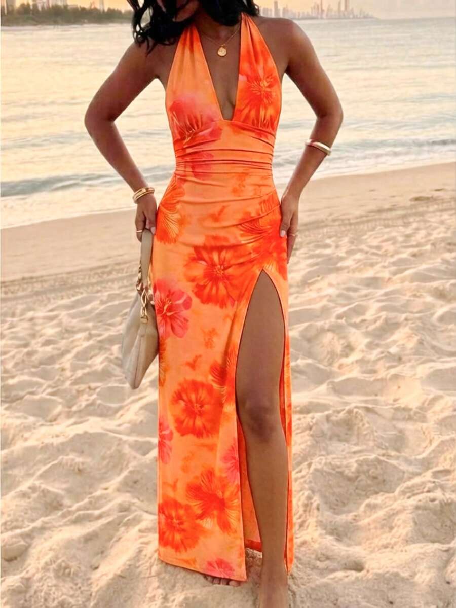 SHEIN X Garcia Sisters Glamine Red Orange Floral Print Halter Ruched Maxi Dress,Women's Deep V Backless High Slit Bodycon Party Beach Vacation Dress Summer Sexy Tropical - Multicolor - View 1