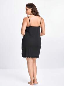 Slumbrini Plus Contrast Lace Split Hem Cami Pajama Nightdress Halloween Lingerie - Black - View 2