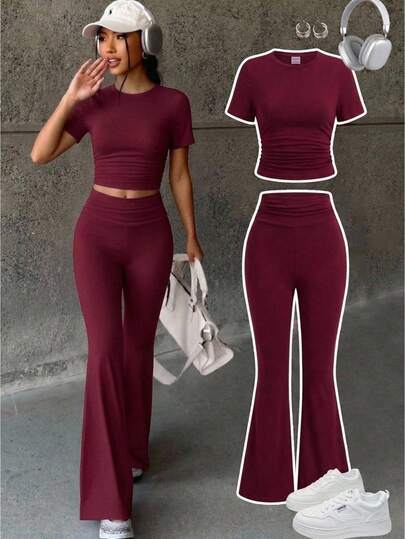 Teen Girl Spring Summer Streetwear Holiday Ruched Short Sleeve Round Neck T-Shirt & Waist Ruched Flare Pants 2-Piece Set,Daily School Basic Pant Suit