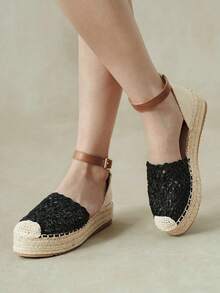Styleloop Ladies Retro Black Vacation Style Hollow Woven Pull-Up Belt Hemp Rope Platform Shoes - Black - View 1