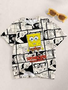 SpongeBob SquarePants | SHEIN 小男孩夏季休闲街头卡通拼布印花短袖T恤 - 白色 - 查看 1