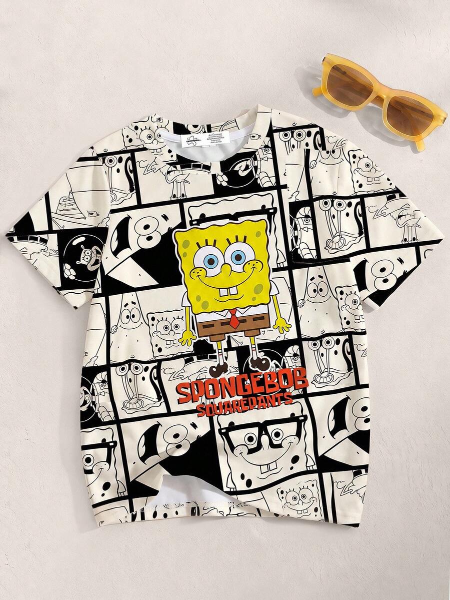 SpongeBob SquarePants | SHEIN 小男孩夏季休闲街头卡通拼布印花短袖T恤 - 白色 - 查看 1