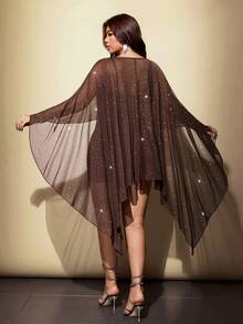 Viva Relle Plus-Size Women's Camisole + Sequined Net Cape Party Two Pieces Set - Brown - View 6