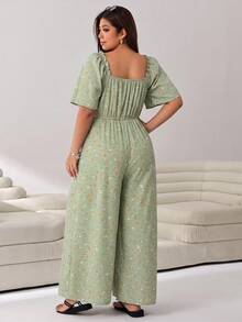 Solflare Plus Size Women's Summer Square Neck All-Over Print Pleated Casual Daily Wear Jumpsuit Wide Leg Pants - Olive Green - View 2
