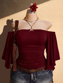 SHEIN ICON 女款大尺碼露肩純色喇叭袖時尚上衣 - 酒紅色 - 查看 3
