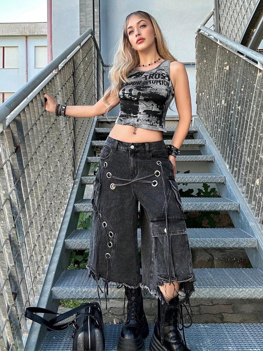 Grunge Punk ROMWE X Lorella 春夏黑色街頭龐克風破洞寬鬆超低腰女款牛仔七分褲 - 黑色 - 查看 1