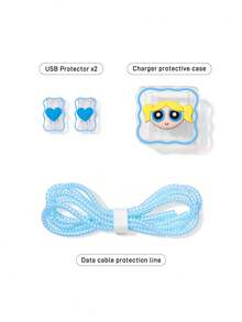 THE POWERPUFF GIRLS X SHEIN Data Cable Protector, Suitable For IPhone Charger, 4-Piece Set Of Mobile Phone Cable Protectors, Charger Protector (Excluding Data Cable) - Bubbles-Blue - View 5