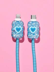 THE POWERPUFF GIRLS X SHEIN 4-Piece Mobile Phone Data Cable Protective Cover Is Suitable For IPhone Charging Cable Data Cable Protective Cover (Excluding Data Cable) - Bubbles-Blue - View 7