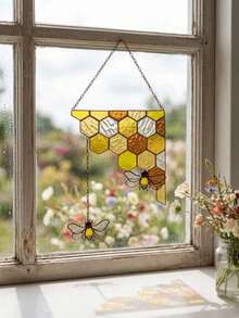Cirelle 1 pieza Atrapasol de vidrio teñido con diseño de panal de abeja y abeja, panel colgante para ventana, decoración de pared, adorno de acrílico amarillo con cadena para cocina, esquina de ventana, jardín y decoración del hogar - Multicolor - Ver 4