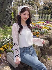 Bijouette 大尺碼女款時尚休閒優雅浪漫度假日常極簡圓領半透網紗上衣 - 白色 - 查看 11