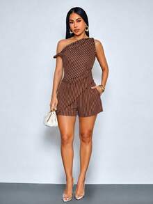 SOLERSUN Women's Chic Brown Stripe Asymmetrical Shoulder Twist Hem Blouse Shorts With Pockets For Night Out Office Two Pieces Set Minimalist Casual Sexy Summer - Brown - View 6