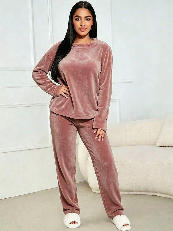 Conjunto 2 piezas de pijama mujer afelpado manga larga suave abrigado corte holgado ropa confortable para descanso diario en el hogar