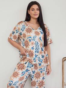 Doze Lane Plus Size Casual Printed V-Neck Short Sleeve Long Pants Pajama Set White Summer - Multicolor - View 3