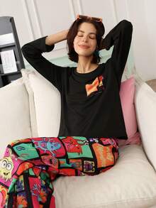Chillnights Young Cartoon Colorblock Crew Neck Pullover Women's Pajama Set - Multicolor - View 4