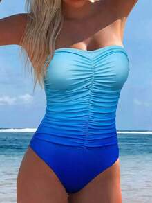 Swim Chiccia 女款純色平口抓皺連身泳衣，海灘夏季穿搭 - 彩色 - 查看 5