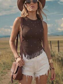 Wildy Atasan Crop Top Berumbai Hitam Berhiaskan Stud untuk Festival Musik Barat Musim Panas Gaya BOHO, Pesta Dansa Musim Panas Eropa untuk Liburan, Atasan Musim Panas - Coklat - View 2