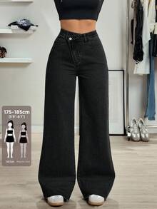 SHEIN Tall 女款高個子休閒百搭設計高腰直筒牛仔褲 - 黑色 - 查看 1