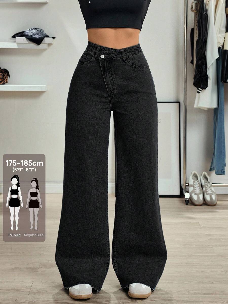 SHEIN Tall 女款高個子休閒百搭設計高腰直筒牛仔褲 - 黑色 - 查看 1