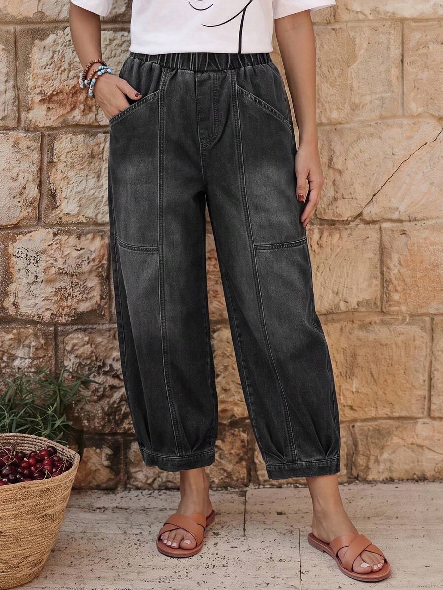 EMERY ROSE Vaqueros sueltos y casuales con bolsillos versátiles para mujeres - Negro - Ver 1