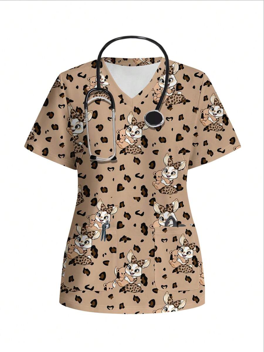 PopScrub Casual Minimalist Leopard Print Cute Rabbit Pattern Scrub Top, Suitable For Work Commute, Pet Hospital - Multicolor - View 1