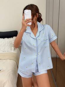 Napfluff 領口印花蝴蝶結對比條紋可穿戴居家服套裝 - 藍色 - 查看 6