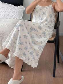 Dazy Plus Lace Patchwork Hem Sleeveless Spaghetti Strap Long Floral Print Dress Loungewear Nightgown Fall - White - View 5