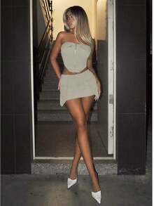 SHEIN ICON Zip Up Bandana Hem Crop Tube Top & Bodycon Skirt - Grey - View 4